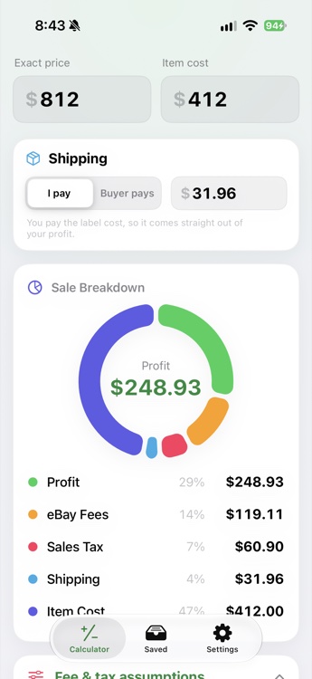 Ebay Calculator sale breakdown showing profit, eBay fees, sales tax and shipping for a listing