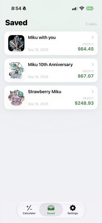 Ebay Calculator saved items list with the calculated profit for each