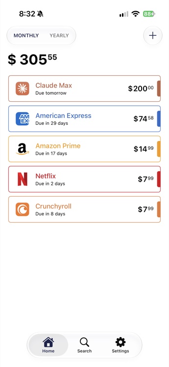 Luna home screen showing the monthly subscription total and full list of subscriptions