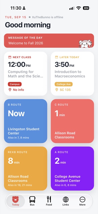 RUMobile home screen showing today's classes and upcoming bus departures