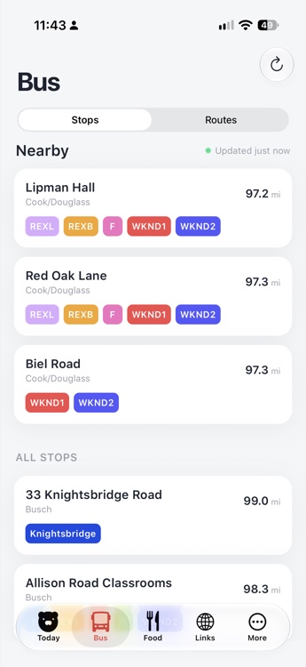 RUMobile bus screen listing nearby stops with routes and arrival times
