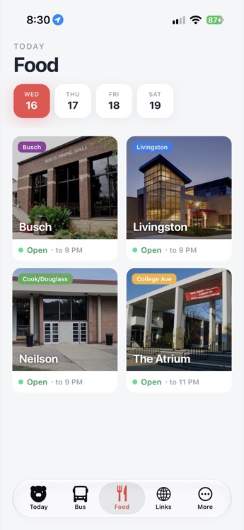 RUMobile dining screen showing campus dining halls and opening hours